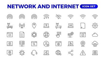 Set of Network and Internet outline icons. linear icon collection for online, computer, network, website, server, web design, hardware, software, and programming. Solid icons illustration collection. vector