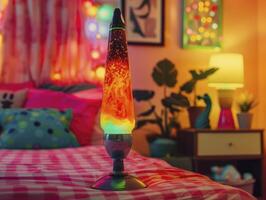 Retro Bedroom With A Lava Lamp Casting Colorful Light Patterns, Natural Colors photo