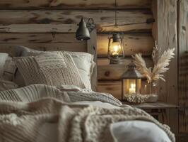 Rustic, Cozy Bedroom With A Lantern Night Lamp And Warm, Inviting Decor, Natural Colors photo