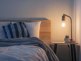 Modern Minimalist Bedroom With A Black And White Night Lamp And Clean Lines, Natural Colors photo