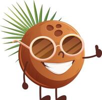 Funny cartoon coconut with palm tree branch shows cool. Hello summer, summer vibe. illustration vector