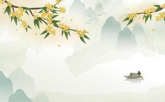 Landscape background with osmanthus branches in the foreground, mountains in the distance, and s awning boat vector