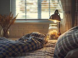 Rustic Farmhouse Bedroom With A Mason Jar Night Lamp And Plaid Bedding, Natural Colors photo