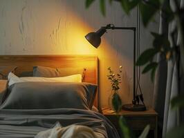 Modern Loft Bedroom With A Sleek, Led Night Lamp And Industrial Elements, Natural Colors photo