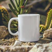 White Coffee Mug 15Oz Mockup, On Cactus Background photo