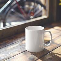 White Coffee Mug 15Oz Mockup, On Cycling Background photo