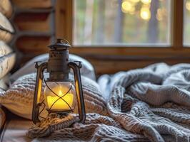 Rustic Cabin Bedroom With A Lantern Night Lamp And Cozy Blankets, Natural Colors photo
