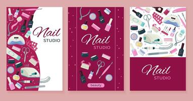 Beautiful set of nails card, flyer, certificate, banner. Frame with manicure tools kit. template design. Social media post, concept for nail studio, salon background. Flat illustration vector