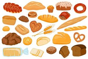 Big set bread products Template page design food with bakery food Rye bread and pretzel, muffin, pita, ciabatta, wheat and whole grain bread, variety buns, toast bread, baguette for menu bakery vector