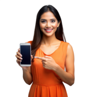 Smiling woman pointing to blank smartphone screen on transparent background png