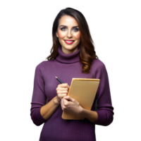 Smiling woman holding notepad and pen on transparent background png