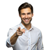 Smiling man pointing finger isolated on transparent background png