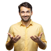 Smiling man in yellow shirt with open hands on transparent background png