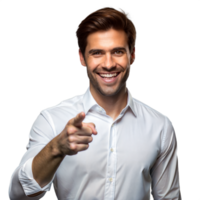 Smiling confident man pointing forward on transparent background png
