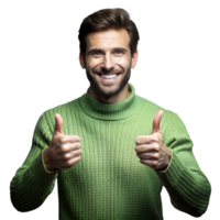 Smiling man in green sweater giving thumbs up on transparent background png
