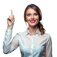 Smiling woman pointing up in business attire on transparent background png