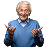 Joyful elderly man gesturing with hands on transparent background png