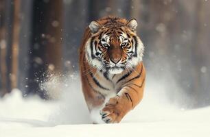 Tiger face running to hunt down prey in winter on snow. Snowfall climate blurred background photo