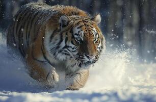 Tiger face running to hunt down prey in winter on snow. Snowfall climate blurred background photo