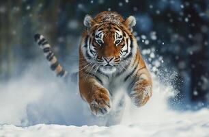 Tiger face running to hunt down prey in winter on snow. Snowfall climate blurred background photo
