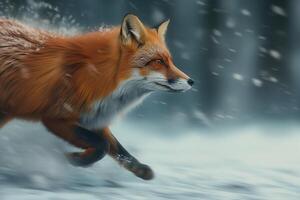 European Red Fox running through deep snow and cloud. Fox in winter nature photo