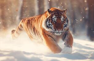 Tiger face running to hunt down prey in winter on snow. Snowfall climate blurred background photo