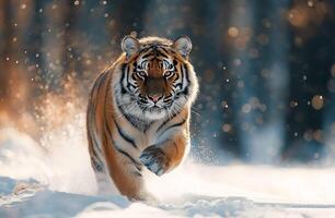 Tiger face running to hunt down prey in winter on snow. Snowfall climate blurred background photo