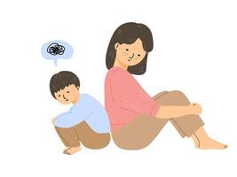 Sad boy sitting hugging knees with his mother sitting beside for listen him, flat illustration. vector