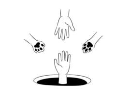 A person's hand is drowning in black water and above are human hand with dog paw and cat paw reaching out to help. Mental health concept. vector