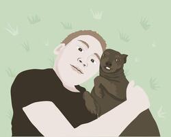 A boy lies on the grass with his arm hugging a miniature pinscher dog both looking at the camera, flat illustration. vector