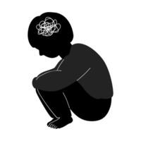 Silhouette of a child do hands hugging knees with stress and depression symbol. vector