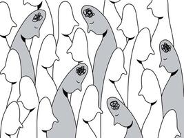 Crowd of people with depression in hand drawn outline. vector