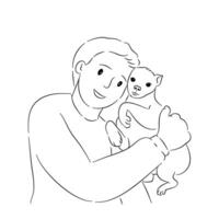 A boy on the floor with arm hugging a dog in black line drawing style. vector