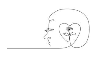 Continuous line art of a happy person with a flower and heart symbol, self love concept. vector
