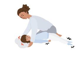 Isolated of a child girl with epileptic seizures and mother with pillow on her head, Hand draw flat epilepsy illustration. vector