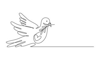 Continuous line art of a dove with an olive branch and heart shape, Peace day concept. Lineart illustration. vector