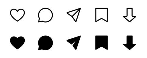 Like, Comment, Share, Save and Download icons set social media ui minimalist design template vector