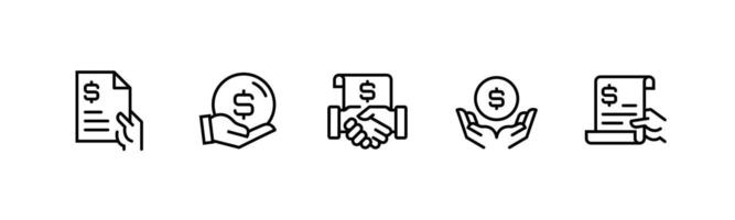 Set of payment check paper icon with hand illustration collection outline style design for finance document vector
