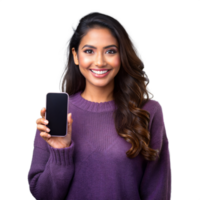 Smiling woman holding smartphone on transparent background png