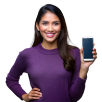 Smiling woman holding a smartphone on transparent background png