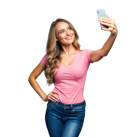 Smiling woman taking a selfie with smartphone on transparent background png