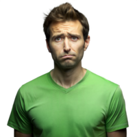 Man with uncertain expression in green shirt on transparent background png