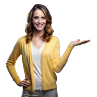 Smiling woman in yellow sweater presenting on transparent background png