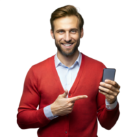 Smiling man in red sweater pointing at smartphone on transparent background png