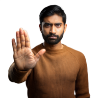 Man raising hand with a serious expression on transparent background png