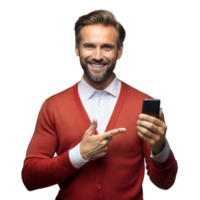 Smiling man pointing at smartphone on transparent background png