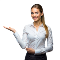 Professional woman presenting with open hand on transparent background png