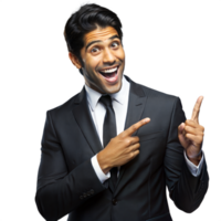 Smiling businessman enthusiastically pointing upwards on transparent background png