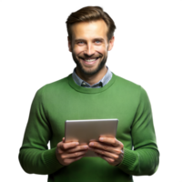 Smiling man using digital tablet on transparent background png