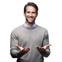 Smiling man in casual sweater with open hands on transparent background png